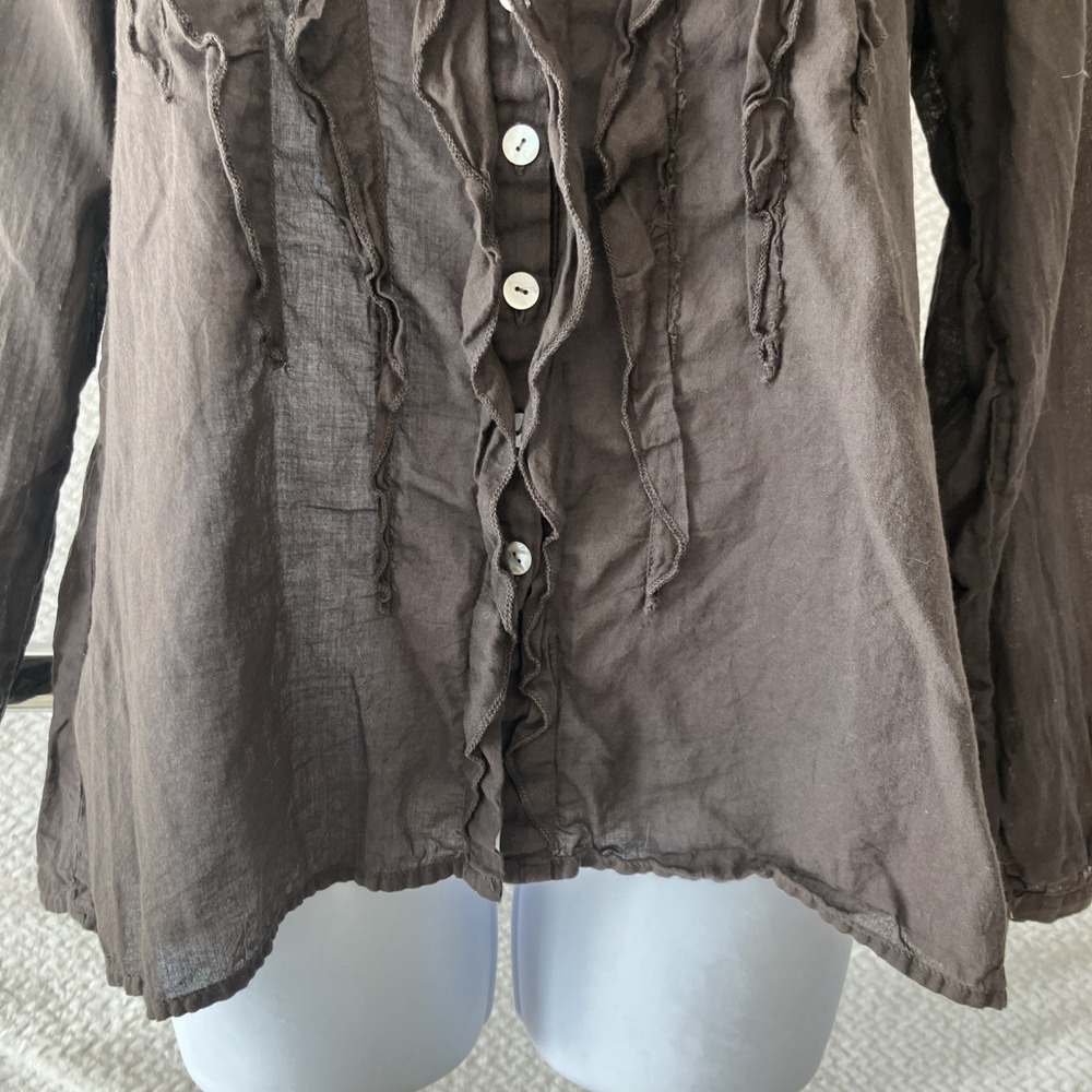 Sundance JP And Mattie Teal Pintuck Blouse Small Brown Ruffle Boho Lagenlook - Picture 4 of 10